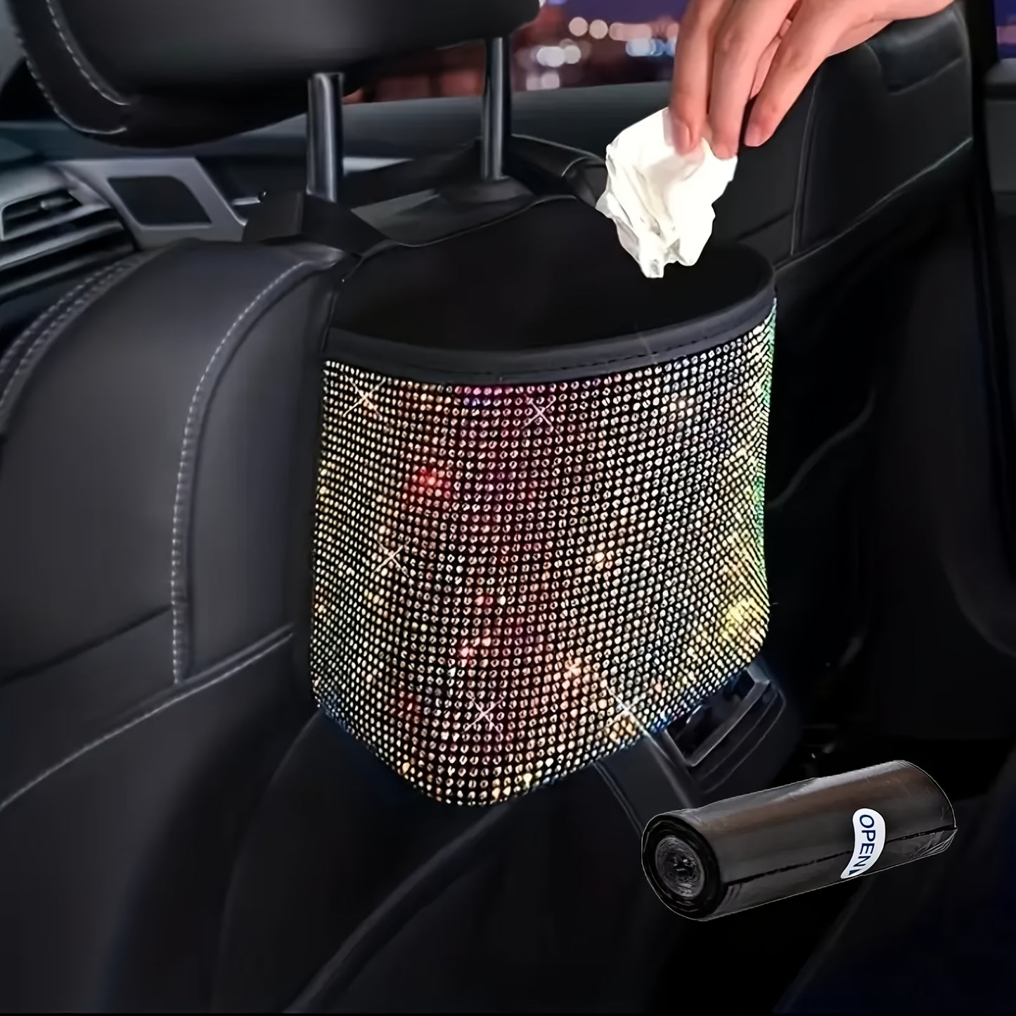 2pcs/set Sparkling Bling Rhinestones Car Trash Can+1pc Trash Bag- Durable & Convenient Hanging Storage Bag For Seat Back - Multifunctional, Space-Saving Car Interior Accessory, Premium Quality