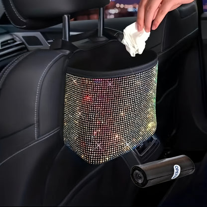 2pcs/set Sparkling Bling Rhinestones Car Trash Can+1pc Trash Bag- Durable & Convenient Hanging Storage Bag For Seat Back - Multifunctional, Space-Saving Car Interior Accessory, Premium Quality