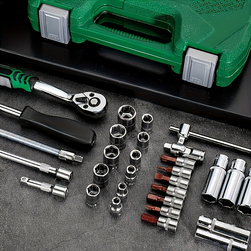 46pcs 1/4" Drive Socket Ratchet Wrench Set With Storage Case, With Reversible Ratchet, Includes Metric Socket Set And Extension For Automotive Repair And Home Maintenance