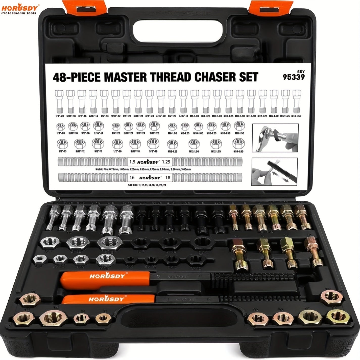 HORUSDY 48pcs Thread Chaser Set for UNF, UNC, And Metric Threads, Rethreading And Repair Kit