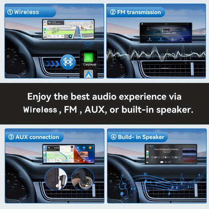 Portable Wireless Carplay Car Stereo, 10.26" Inch HD Touchscreen For Car With CarPlay & Android Auto With Mirror Link/Backup Camera/Siri/Wireless/Navigation/AUX For All Vehicles