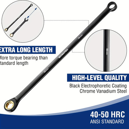 WORKPRO Extra Long Ratcheting Wrench Set, 10pcs Anti-Slip Double Box Wrenches Set, Metric 8-19mm, 72-Teeth, Cr-V Steel And Black Electrophoretic Coating Wrenches with Rolling Pouch