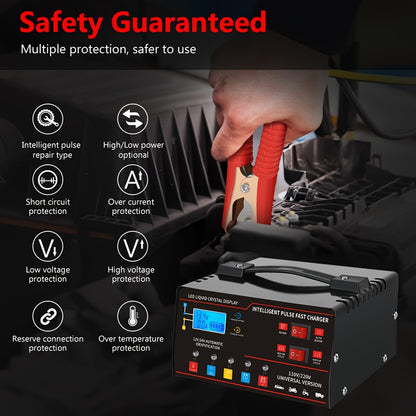 New Styles 12V 24V for smart Universal Battery Charger, LCD Screen, Pulse Repair Function, And Temperature Regulation Designed for Smart Trickle Charging Maintenance of Car, Truck, Harvester, Lawn Mower, Boat, And Motorcycle, Lead Acid Batteries