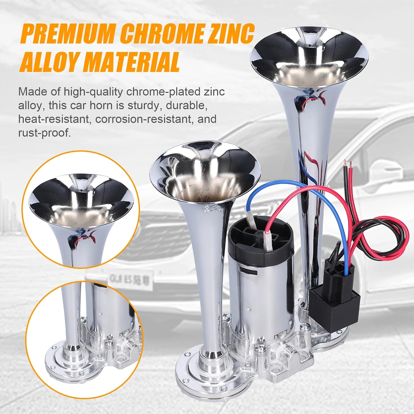 130dB Double Tube Air Horn 12V/24V, Aluminum Alloy Construction with Compressor Included, Super Loud for Trucks, SUVs, Boats, Quick Connect Installation