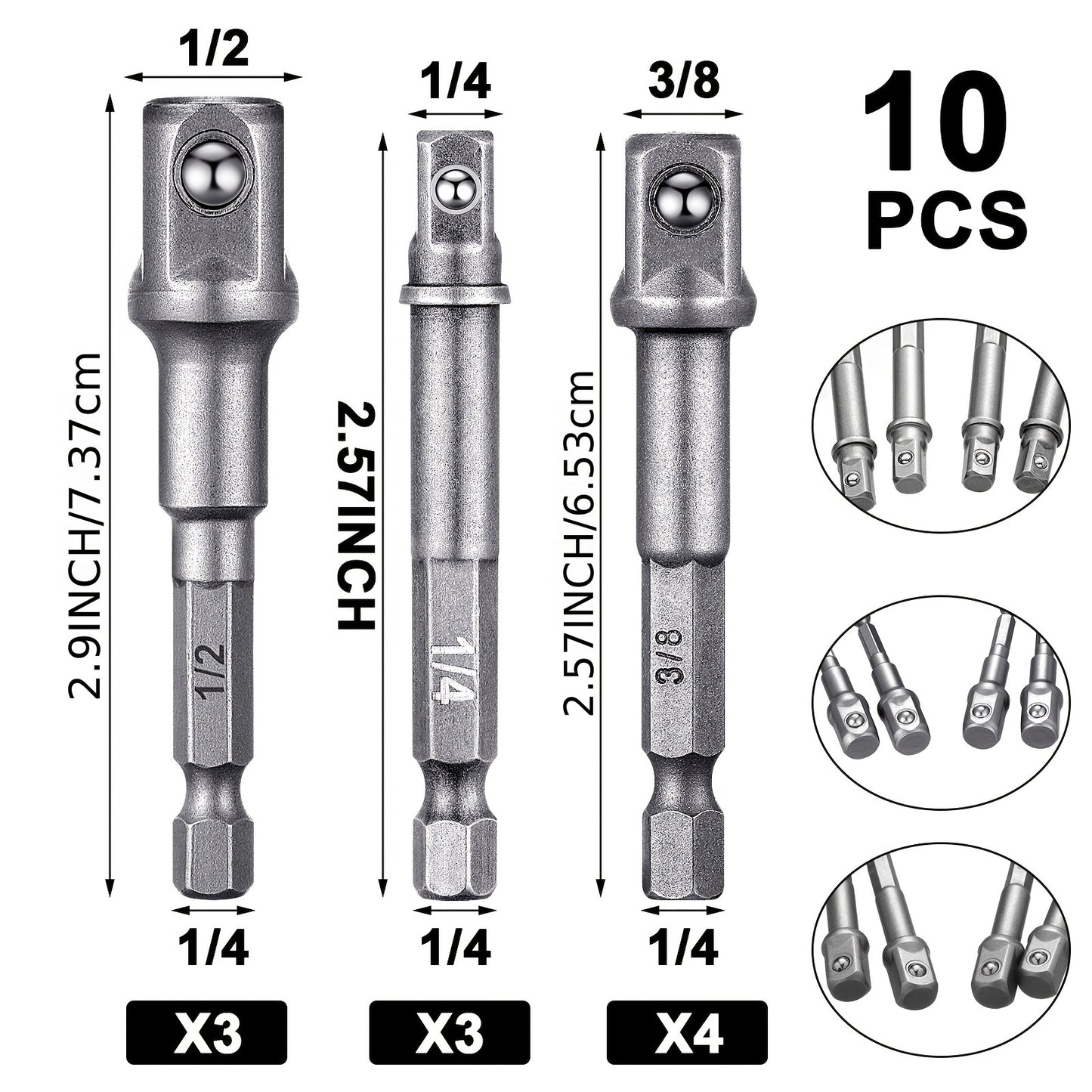 Impact Adapter Square Socket Bit Adapter Hex Impact Socket for Drills, Extension Socket Driver Bits Impact Socket Adapter for Automotive DIY (Silvery, 1/2 3/8 1/4 Inch Square Tip)