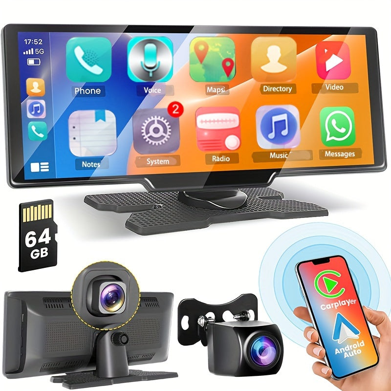 Podofo 10.26” Android Auto & CarPlay Wireless Portable Car Stereo with Touchscreen, Wireless/, Voice Control, FM Transmitter, Compatible for Smartphones, Navigation, Handsfree Calling, AUX Receiver for Vehicles