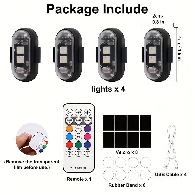 4-Pack Car Wireless LED Strip Light Remote Control | Magnetic Vibration Lights with 8 Colors, USB Rechargeable, IP65 Waterproof, Impact-Resistant Warning Lights, Suitable for Car Interiors, Trucks, Motorcycles, Drones, Aircraft, Bicycles