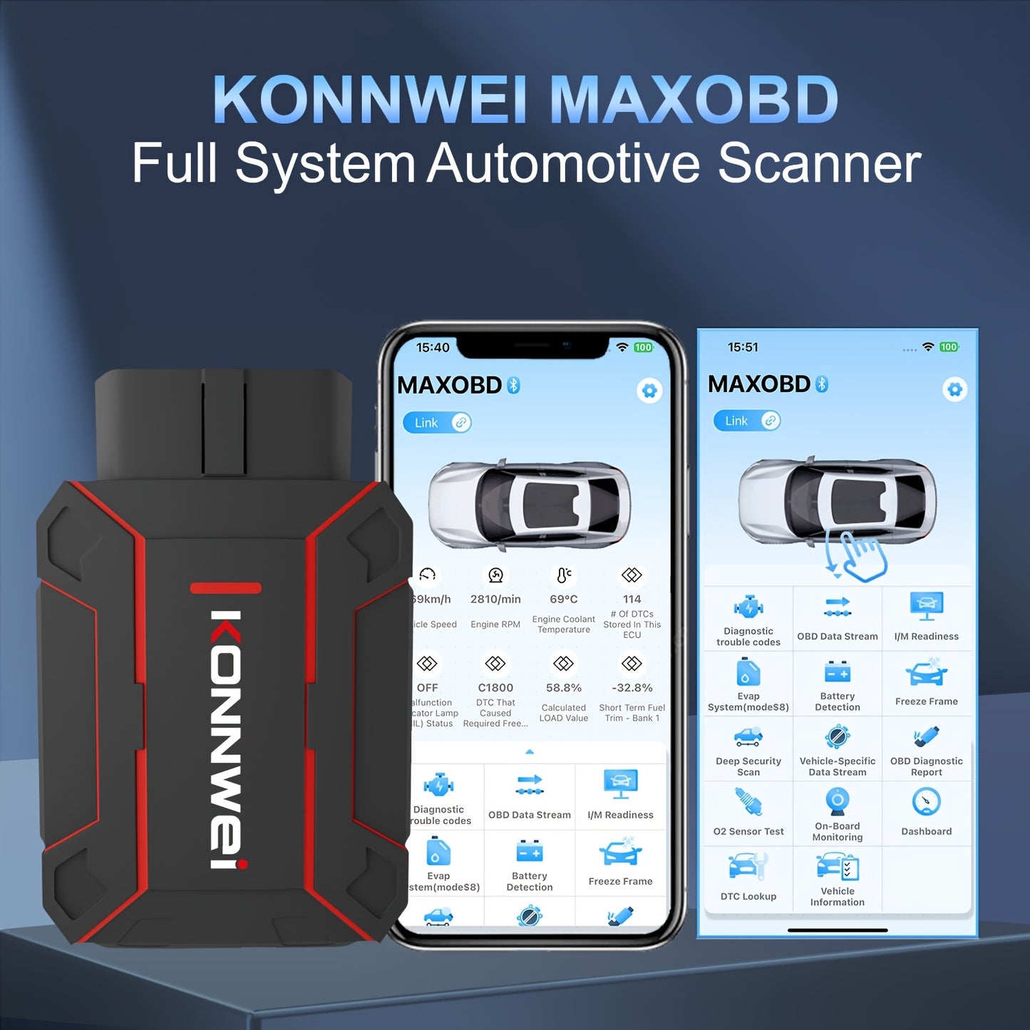 KONNWEI MAXOBD Comprehensive System Deep Scan Diagnostic Tool Wireless 5.2 OBD2 Scanner with Over 41 Dedicated Data Streams for IOS And Android, Without Battery