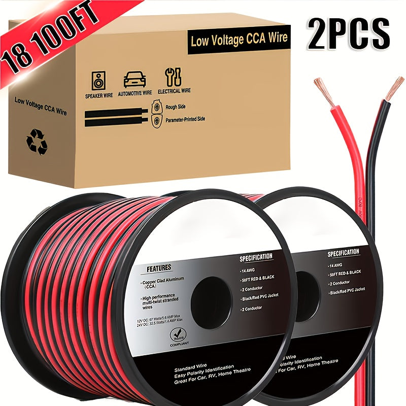[CCA Electrical Cable] 1pc/2pcs Copper Clad Aluminum Wire Red Black CCA Electrical Cable 2 Conductor Parallel DC Flexible Extension Cords for Car Audio Radio Speaker Amplifier