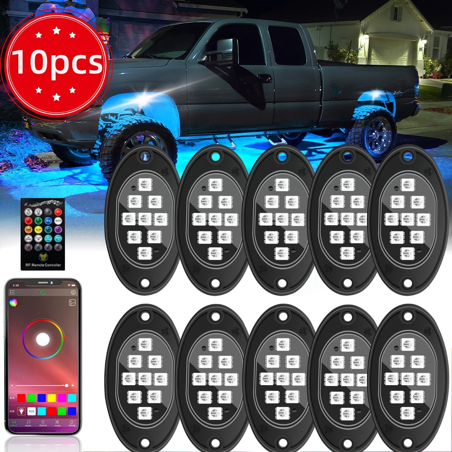 RGB LED Rock Lights With App/Remote Control & Timing & Music Mode Rock Lights For Trucks, Rock Light Kits For ATV RZR UTV SUV Off Road Motorcycle, Without Battery