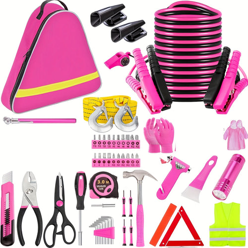 Pink Car Roadside Emergency Kit Assistance Emergency Kit with Jumper Cables Auto Tool Set Deer Whistles Winter Car Safety Roadside Assist Kit, Without Battery