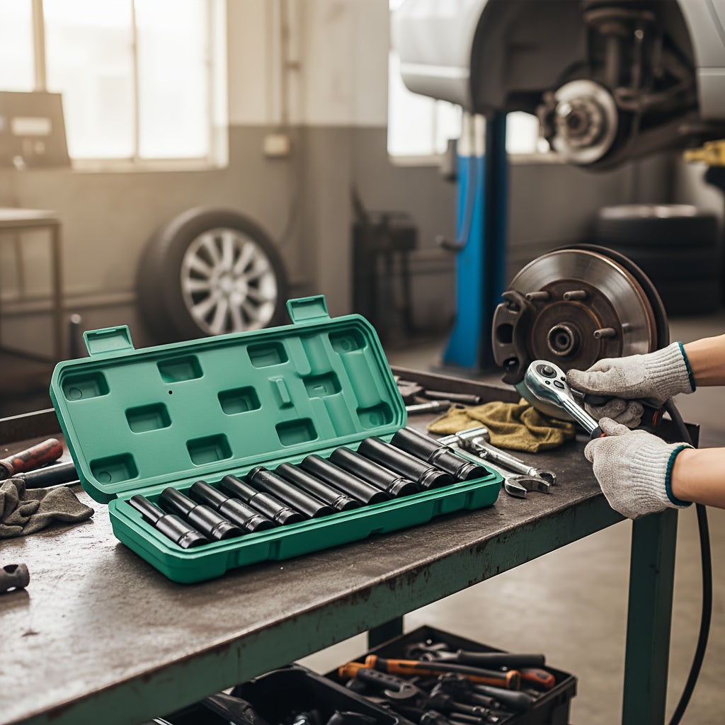 1/2-Inch Deep Impact Socket Set with Sturdy Green Storage Case, Pneumatic& Electric Drill Compatible, Ideal for Tire Removal, Mechanical Repair& Auto Maintenance