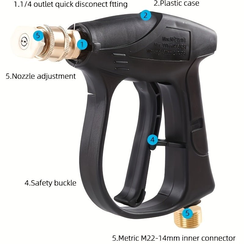 High Pressure Car Wash Gun, 5 Colors Quick Connection 1/4 Inch Nozzle M22-14 Hose Connector, Max. 3000 LBS/sq. Inch, Garden Supplies, Garden Irrigation Spray