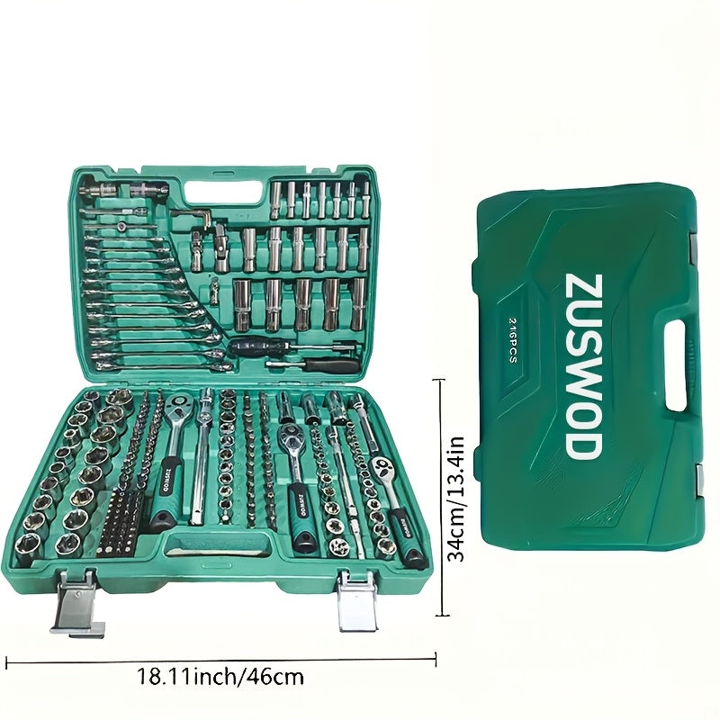 High End Professional 216 Tool Set, 1/4" 3/8" 1/2" Drive Depth And Standard Sleeves, Ratchet Wrench Set, S2 And CR-V Sleeves, Automotive Parts Repair Quick Ratchet Wrench And Other Automotive Repair Parts, Professional Racing Grade Repair Tool Set