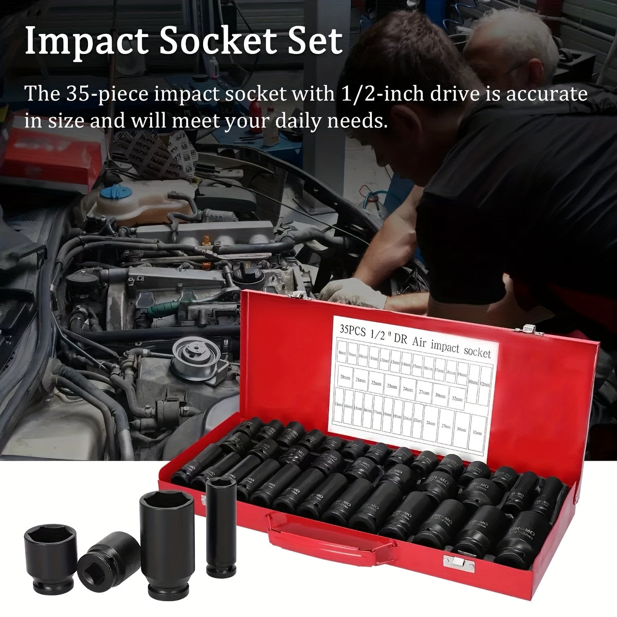 BOURVILL 35/15/10pcs 1/2" Drive Deep Impact Socket Set for Axle Hub Nut, Featuring 6-Point Metric Sizes from 8-32Mm, Made of Cr-Mo Steel, Designed for Heavy-Duty Vehicle Repair And Maintenance