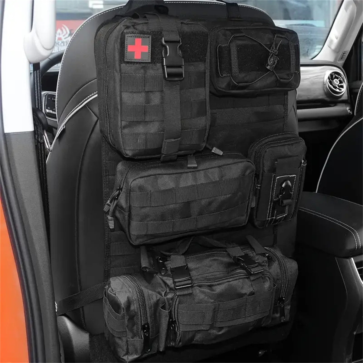 6pcs Set - Heavy-Duty MOLLE Tactical Car Seat Organizer Pouch with Adjustable Fasteners and Thickened Back Panel - Suitable for Jeeps, Trucks, SUVs - Premium Vehicle Storage System, Durable Nylon Bag for Gear, First Aid, and Tools - Car Trunk Lid