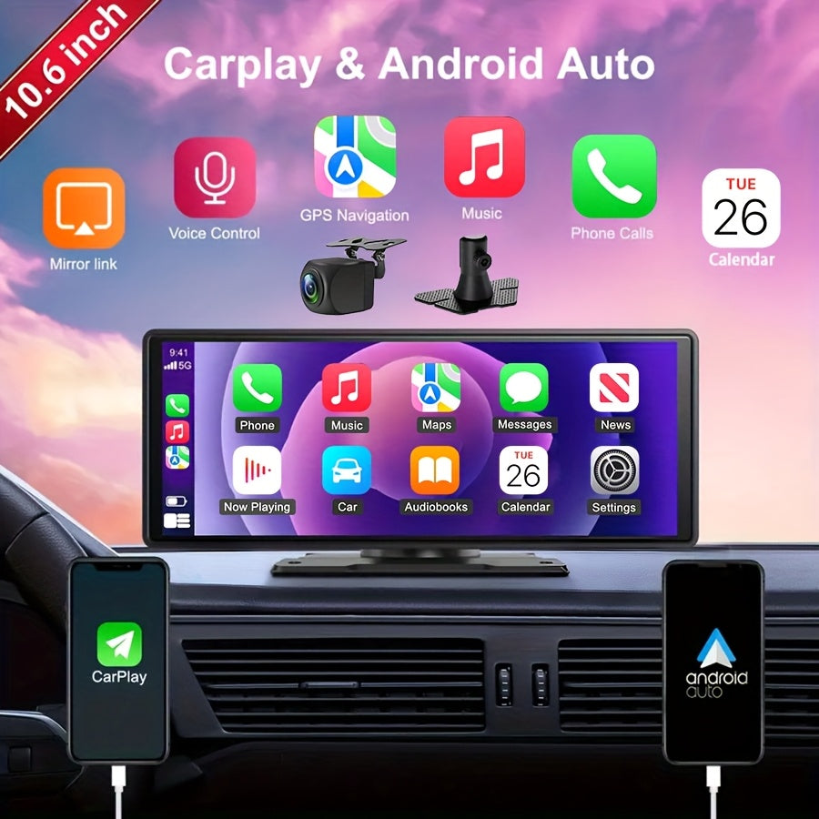 Introducing The Latest 10.26-Inch Wireless Car Display, Equipped with Integrated Car Audio, a Touchscreen Interface, a 720P HD Backup Camera, a Dashcam, Wireless Connectivity, GPS Navigation