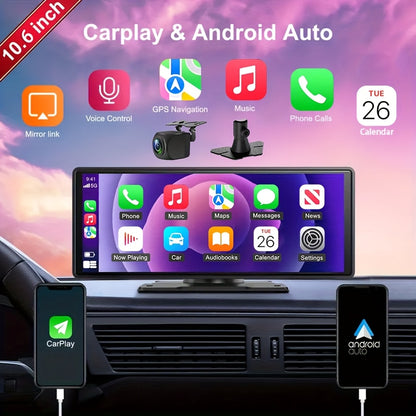 Introducing The Latest 10.26-Inch Wireless Car Display, Equipped with Integrated Car Audio, a Touchscreen Interface, a 720P HD Backup Camera, a Dashcam, Wireless Connectivity, GPS Navigation