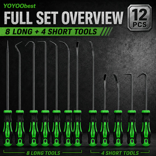 [Heavy-Duty Pick Set] 12pcs Heavy-Duty Pick and Hook Tool Set with Long & Mini Hooks, O-Ring Seal Gasket Puller, Oil Seal Removal Tool, Car, Truck, RV, Boat
