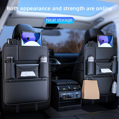 1pc High Quality Black Car Seat Back Organizer - Large Capacity PU Leather Storage Bag for Water Bottles, Tablets, Laptops And Accessories, Stylish Multi Compartment Backseat Organizer for Easy Car Storage