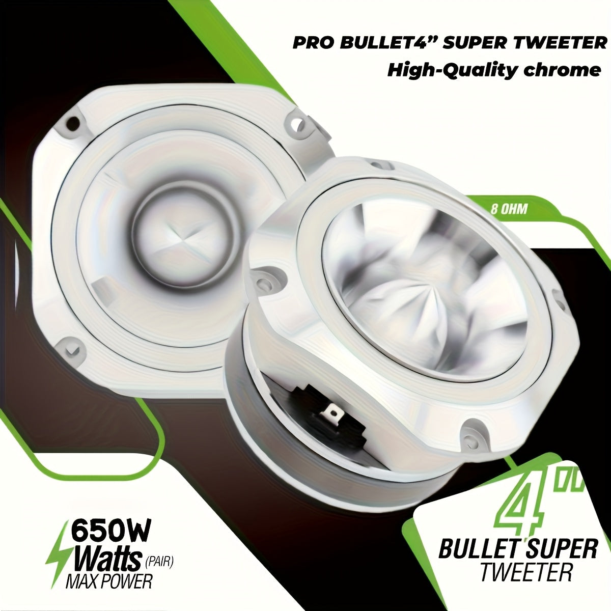 This Is a 600W Aluminum Frame Bullet Tweeter Unit, Measuring 4 Inches And Rated at 6 Ohms. It Features a Chrome End And Is Designed for Stereo Use, Providing High-Quality Sound for Car Audio Systems. It'S a High-Fidelity Super Tweeter That Is Easy T
