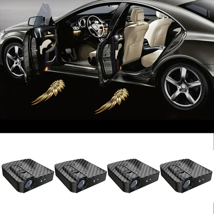 4pcs Yellow Angel Wings Car Door Welcome LED Projector - Vivid LED Lights for Cars, Bicycles, Etc., Battery Powered, Easy to Install, Car Decorative Lights | Decorative Angel Wings Head Door Sign Light, Without Battery