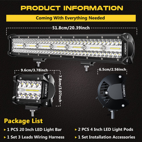 LEDMIRCY 20 Inch LED Light Bar And 4 Inch LED Pods 2pcs Kit, with 3 Leads Wiring Harness Rocker Switch Triple Row Off Road Light Bar, for Off Road UTV ATV Pickup Trucks Boat Yachts