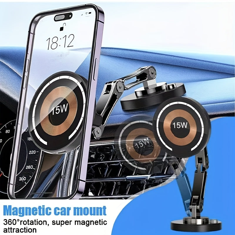 Magnetic Car Mount with 15W Fast Charging, 360° Rotation, Universal Compatibility, Foldable Stand, and Super Magnetic Attraction for Most Smartphones, Without Battery