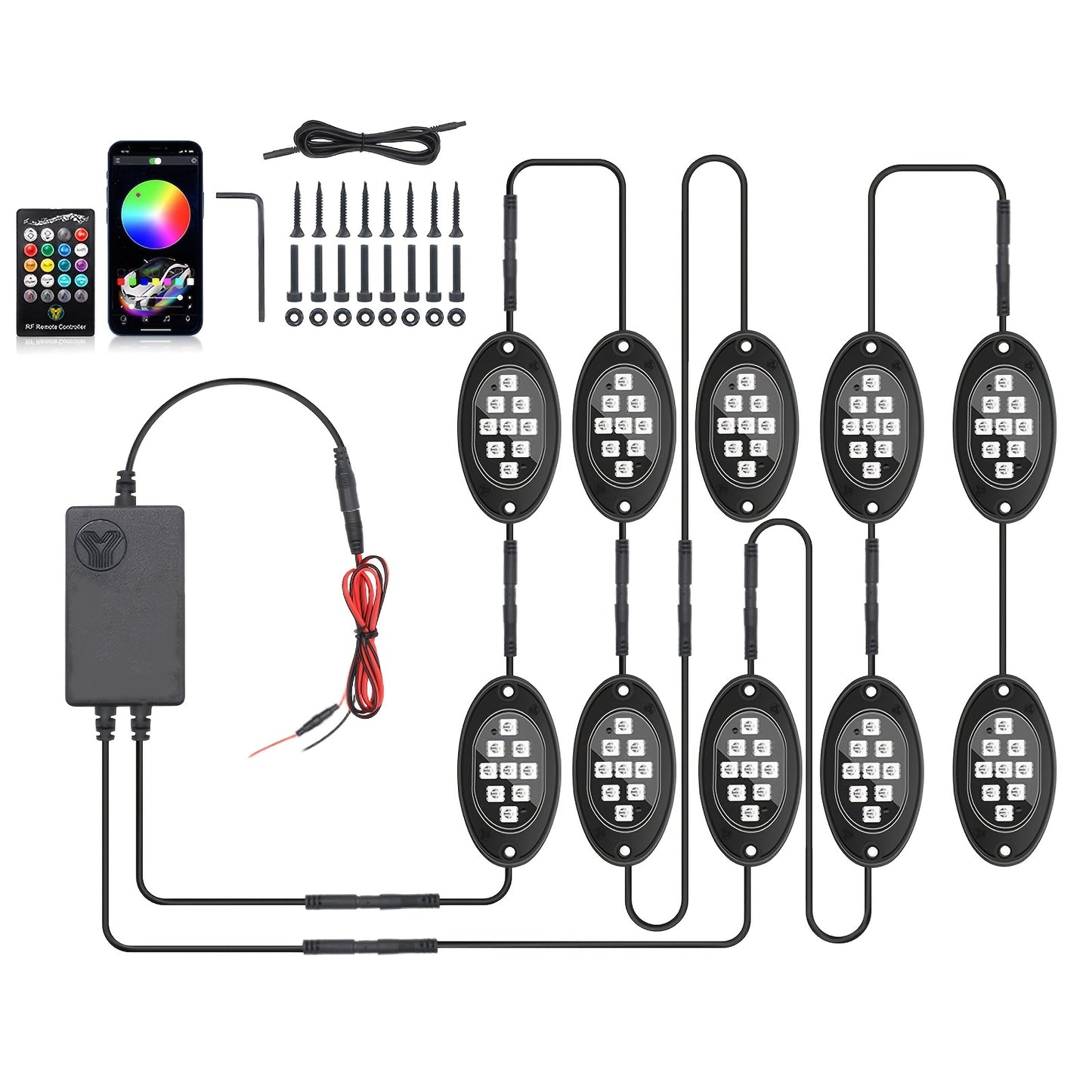 10pcs Upgraded RGB LED Rock Light Kit, Multicolor Underglow Kit For With APP Remote Control Music Mode, for Jeep UTV ATV SUV Accessory, Without Battery