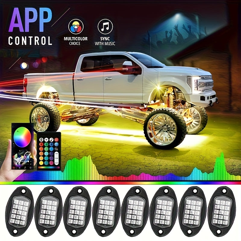 [LED Rock Lights] 8pcs And 4pcs - 15 LED/8 Pods Metal Alloy Upgraded LED Rock Lights, Suitable for Trucks, RGB LED Rock Lights with APP/Music Mode, Suitable for Jeeps, Trucks, UTVs, SUVs And Golf Carts, Neon Light Chassis Kits for Backlights, Car Accessor