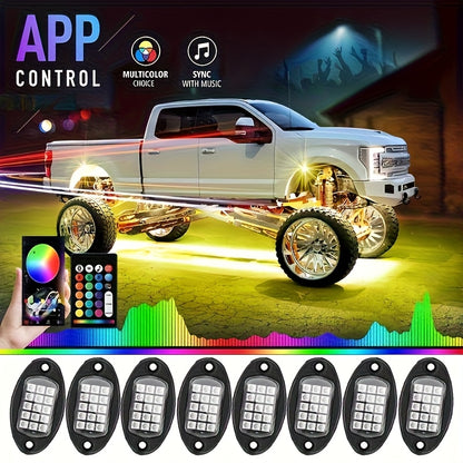 [LED Rock Lights] 8pcs And 4pcs - 15 LED/8 Pods Metal Alloy Upgraded LED Rock Lights, Suitable for Trucks, RGB LED Rock Lights with APP/Music Mode, Suitable for Jeeps, Trucks, UTVs, SUVs And Golf Carts, Neon Light Chassis Kits for Backlights, Car Accessor