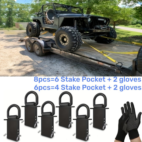 6/8pcs Stake Pocket D Rings Heavy Duty Removable D-Ring Stake Pocket Tie Down For Utility Trailers And Flatbeds Equipped With Hitch Pin, Removable Tie Down Utility For Flatbed Cargo Trucks. (Includes 2 Anti-slip Gloves)