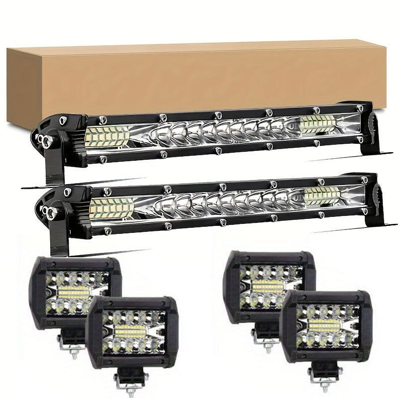 Ultra-Bright LED Light Bar & Work Light Combo Kit, White Light, Universal Fit for 4x4 Offroad Vehicles, Trucks, SUVs, ATVs - 2 Light Bars + 4 Pods Set