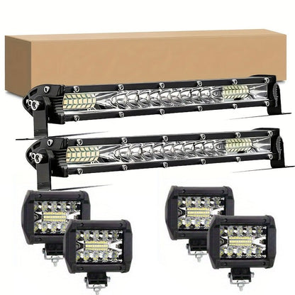 Ultra-Bright LED Light Bar & Work Light Combo Kit, White Light, Universal Fit for 4x4 Offroad Vehicles, Trucks, SUVs, ATVs - 2 Light Bars + 4 Pods Set