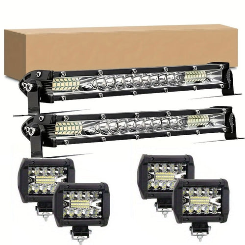Ultra-Bright LED Light Bar & Work Light Combo Kit, White Light, Universal Fit for 4x4 Offroad Vehicles, Trucks, SUVs, ATVs - 2 Light Bars + 4 Pods Set