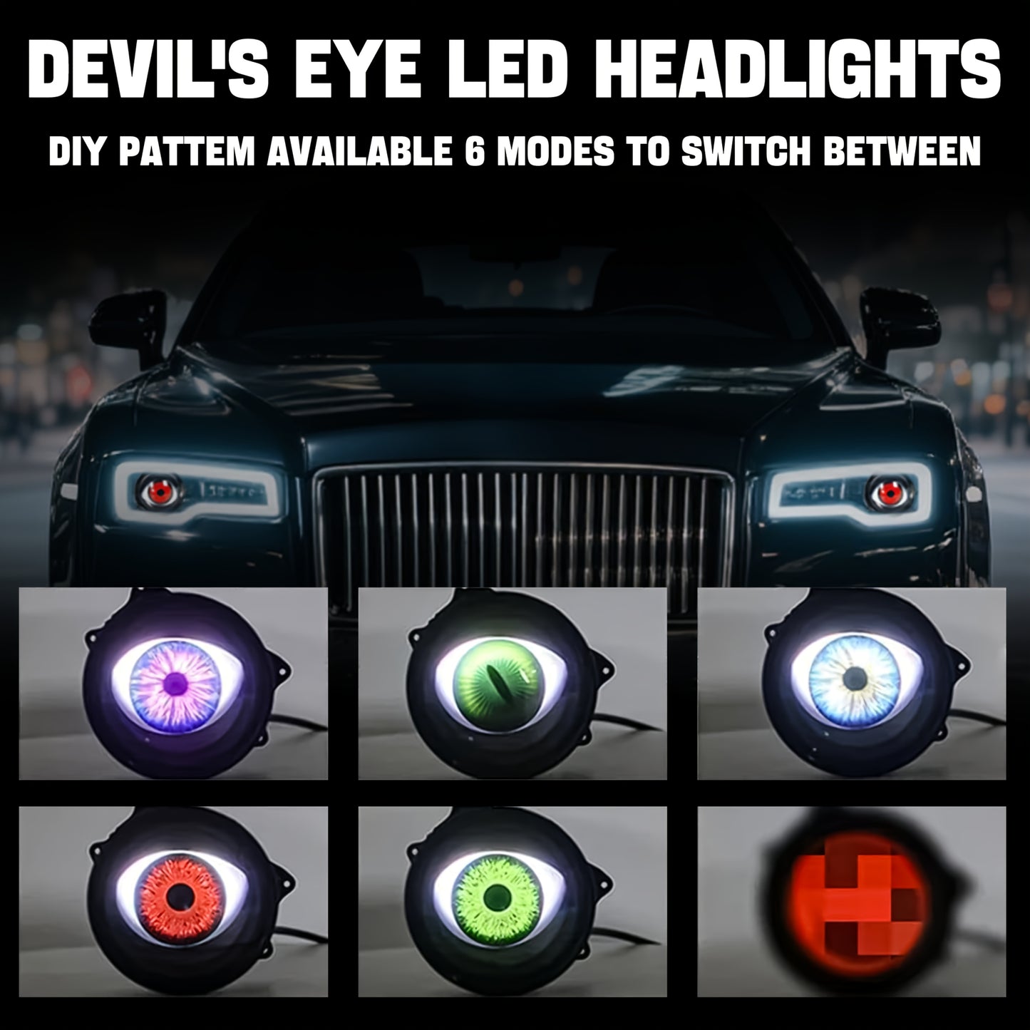 1/2pcs LED Dynamic Devil's Eyes, 6-Mode Adjustable Demon Eye Lights with Lens, 12V Off-road Atmosphere Lighting Kit, Cool Automotive Decoration, Perfect for Car Mods & Birthday Gifts
