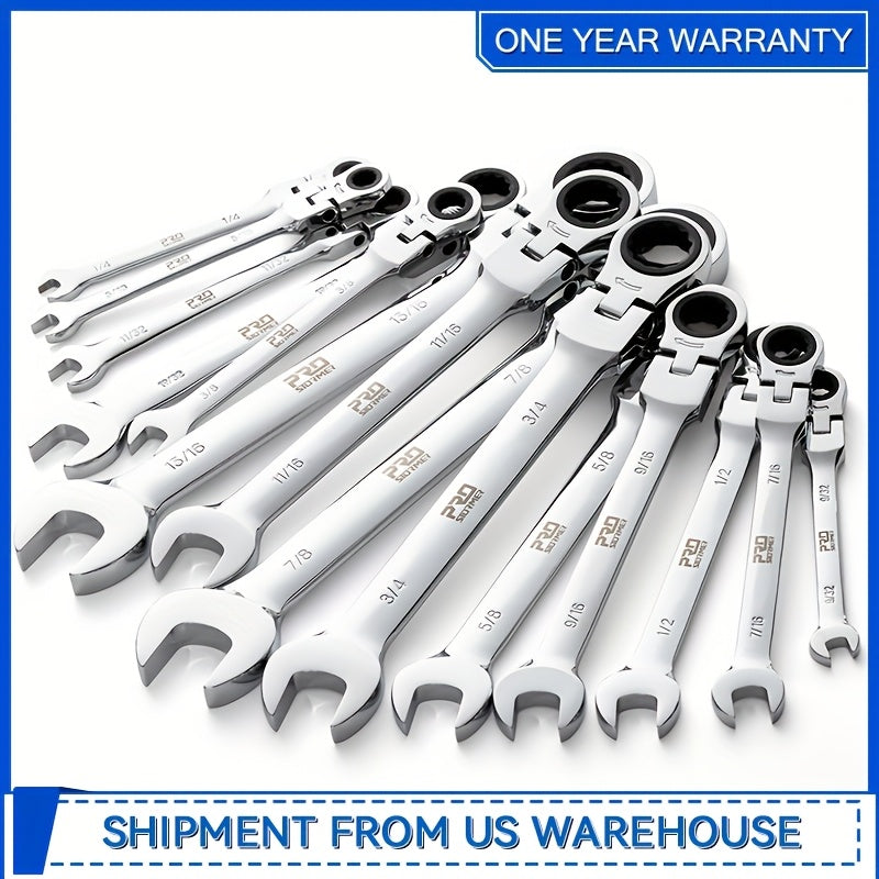 Professional 14-PCS SAE Flex Head Ratcheting Wrench Set - 1/4" To 7/8" Chrome Vanadium Steel With Organizer Rack - For Automotive & Mechanical Repair