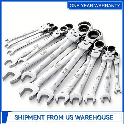 Professional 14-PCS SAE Flex Head Ratcheting Wrench Set - 1/4" To 7/8" Chrome Vanadium Steel With Organizer Rack - For Automotive & Mechanical Repair