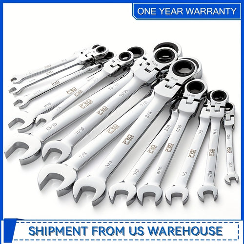 Professional 14-PCS SAE Flex Head Ratcheting Wrench Set - 1/4" To 7/8" Chrome Vanadium Steel With Organizer Rack - For Automotive & Mechanical Repair
