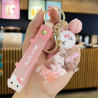 2D Flat, Cute KT Cat Quicksand Keychain Female Creative Cartoon Doll Student School Bag Pendant Car Key Chain Trinkets