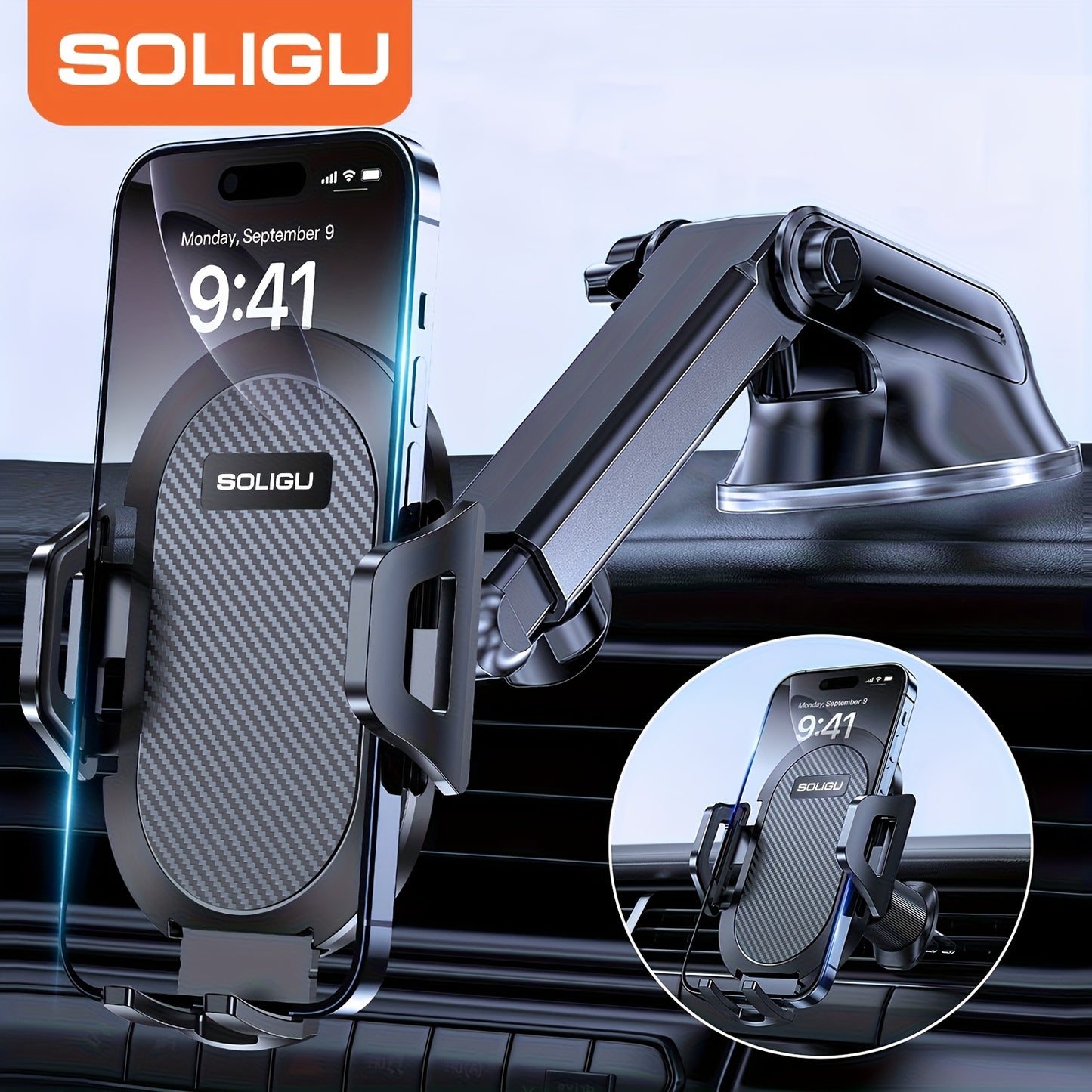 Miracase 3-in-1 Car Phone Mount - Super Suction Dashboard & Air Vent Holder With Telescopic Arm, Adjustable Cradle For All Phones, Quick Release, Durable Metal Hooks, Holiday Gift, Black.