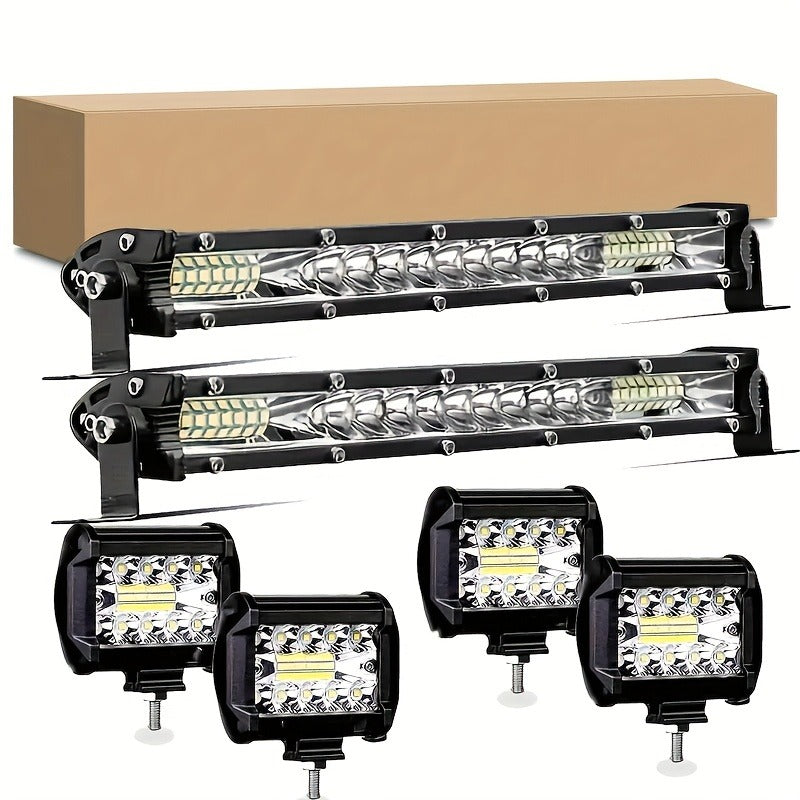 Ultra-Bright LED Light Bar & Work Light Combo Kit, White Light, Universal Fit for 4x4 Offroad Vehicles, Trucks, SUVs, ATVs - 2 Light Bars + 4 Pods Set
