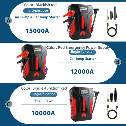 15000A Peak Car Emergency Starter & 250PSI Portable Tire Inflator, 12V (ALLGas/ 2.11 Gallons Diesel) Quick Start Vehicle, Portable Car Battery Charger, USB Input/ Output, LED Emergency Light, Car Emergency Tool