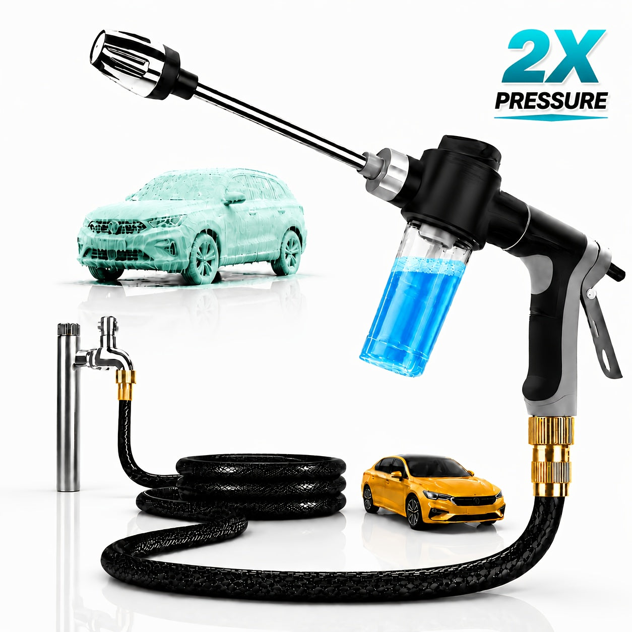 Final English Title:3pcs Long Spray Gun Set with Foam Bottle & Car Wash Towel, Multi-Function Adjustable Nozzle, Detachable Foam Bottle, Easy to Connect for Car Washing, Yard Cleaning & Garden Watering