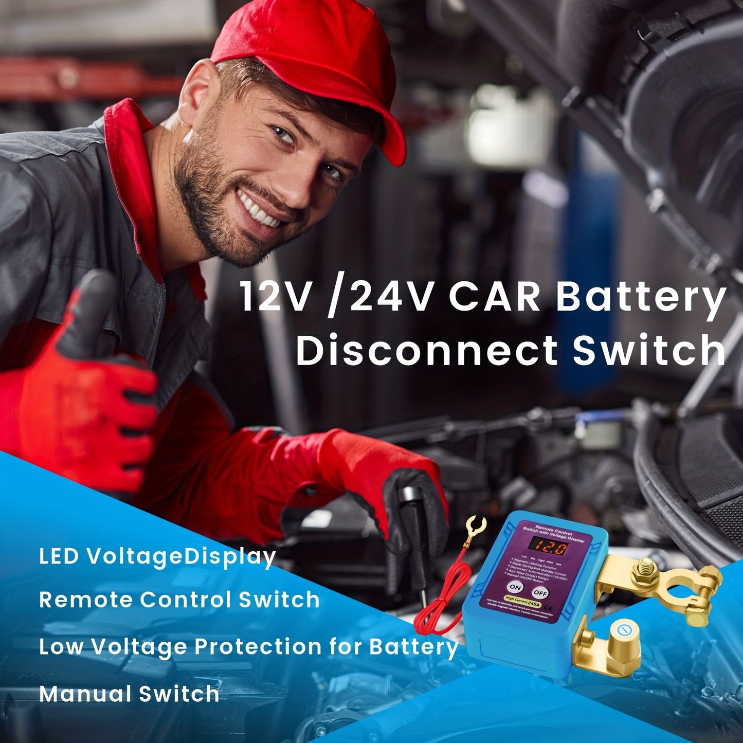 Remote Battery Disconnect Switch 12V, 240A, with LED Voltage Display, Upgrade Smart Voltage Car Kill Switch Anti-Theft, Prevent Battery Drain, Remote Battery Kill Switch for Car, Truck, RV(The Main Body Has No Wireless Function)