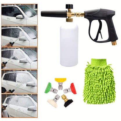 High Pressure Car Wash Foam Gun, M22-14 Thread, Heavy Duty Brass Neck with O-Ring Leak-Proof, 33.81oz Bottle, Multi-One Nozzle, Including Microfiber Washing Gloves, Easy to Connect for Quick Cleaning