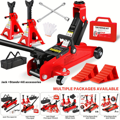 2/2.5/3 Ton Capacity, Jack Kit Low Profile Hydraulic Trolley Service/Floor Jack Combo, Multiple Meal Plans to Choose from 3 Ton Jack Stands 2PCS, Tire Repair Kit, 14-inch Wheel Cross Wrench, Wheel Chock, Jack Accessories Red/Blue