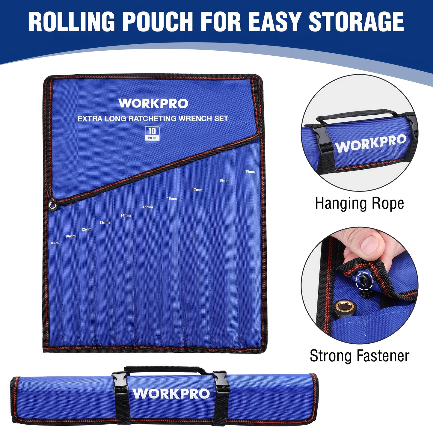 WORKPRO Extra Long Ratcheting Wrench Set, 10pcs Anti-Slip Double Box Wrenches Set, Metric 8-19mm, 72-Teeth, Cr-V Steel And Black Electrophoretic Coating Wrenches with Rolling Pouch