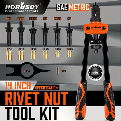 HORUSDY Rivet Nuts Tool, 14" Hand Rivet With 7 Metric & Inch Mandrels, 70pcs Rivet Nuts And Rugged Carrying Case, M6 M8 M10 1/4-20 5/16-18 3/8-16