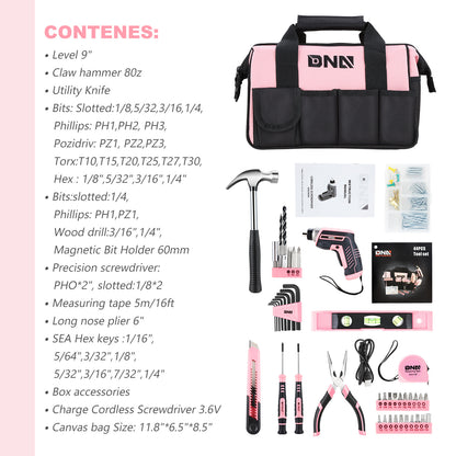 44-Piece Tool Set - Cordless Screwdriver and Household Tool Kit with Canvas Storage Bag for DIY Home Repairing, Gift for Women Girls Ladies